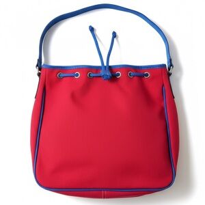 Vintage Colorblock Bucket Bag Red Blue Canvas Leather Boho Festival Statement